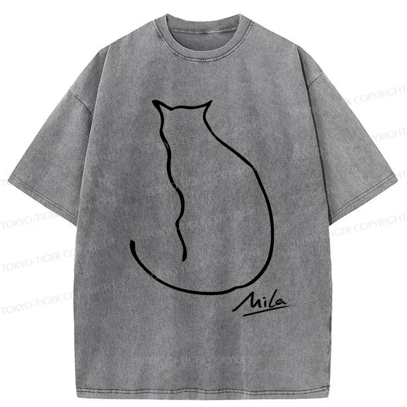 Tokyo-Tiger Simple Drawing Cat Washed T-Shirt
