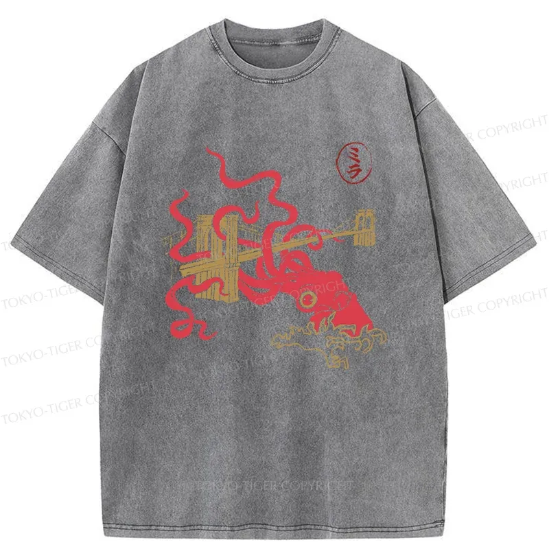 Tokyo-Tiger Giant Octopus Brooklyn Bridge Washed T-Shirt