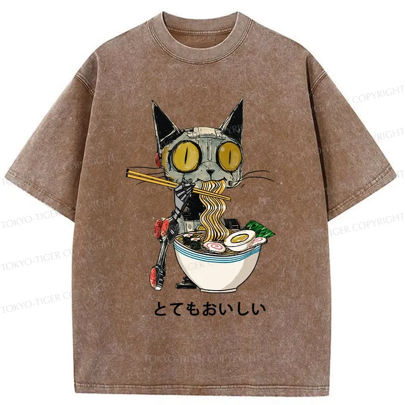Tokyo-Tiger Ramen Lover Robot Cat Washed T-Shirt