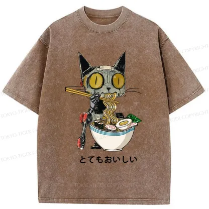 Tokyo-Tiger Ramen Lover Robot Cat Washed T-Shirt