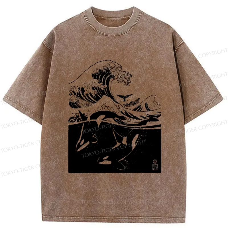 Tokyo-Tiger Whales In The Great Waves Washed T-Shirt