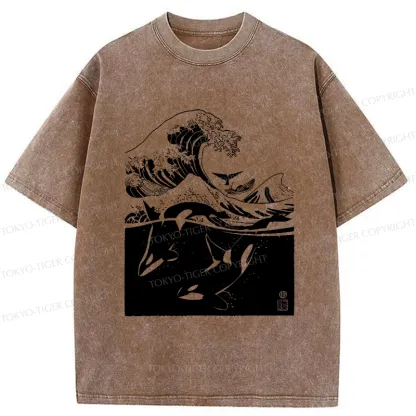 Tokyo-Tiger Whales In The Great Waves Washed T-Shirt