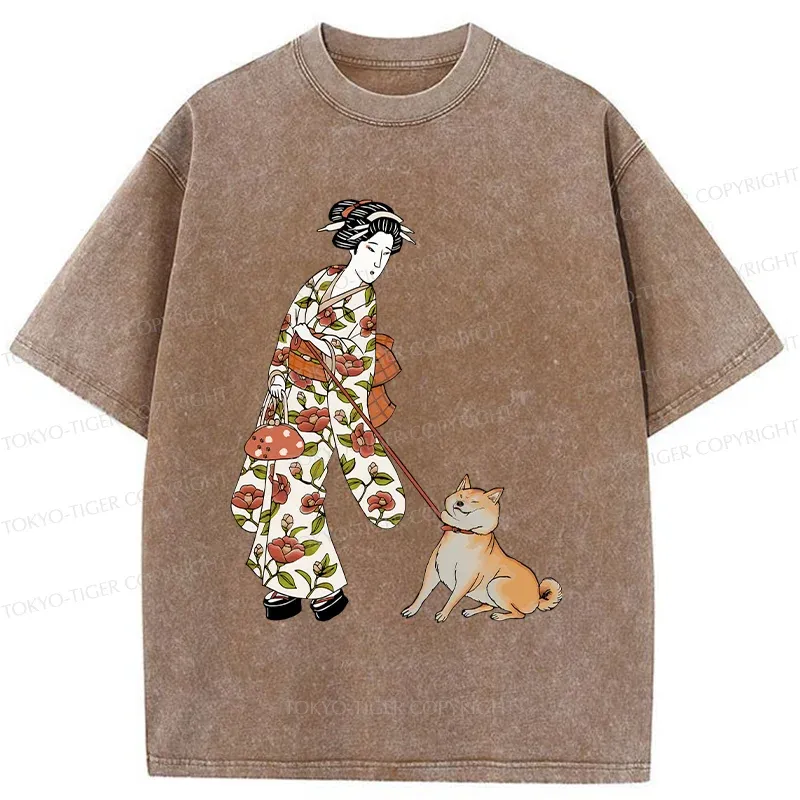 Tokyo-Tiger Geisha Walking Her Dog Washed T-Shirt