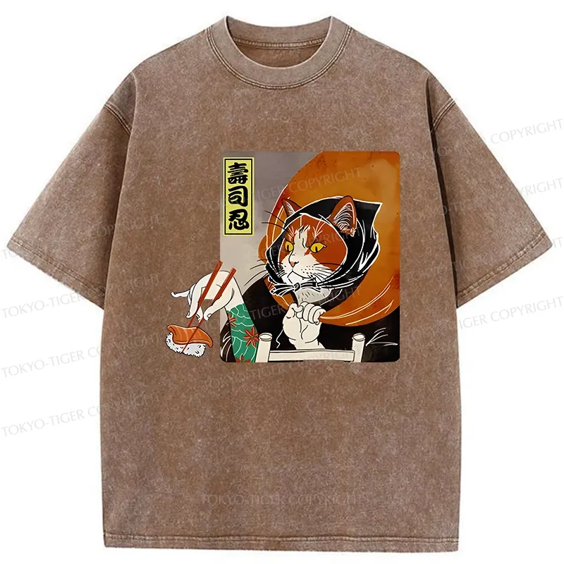 Tokyo-Tiger Sushi Ninja Cat Washed T-Shirt