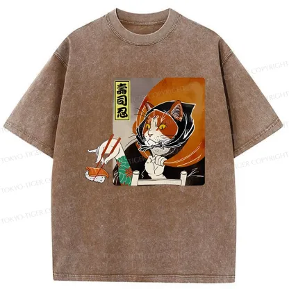 Tokyo-Tiger Sushi Ninja Cat Washed T-Shirt