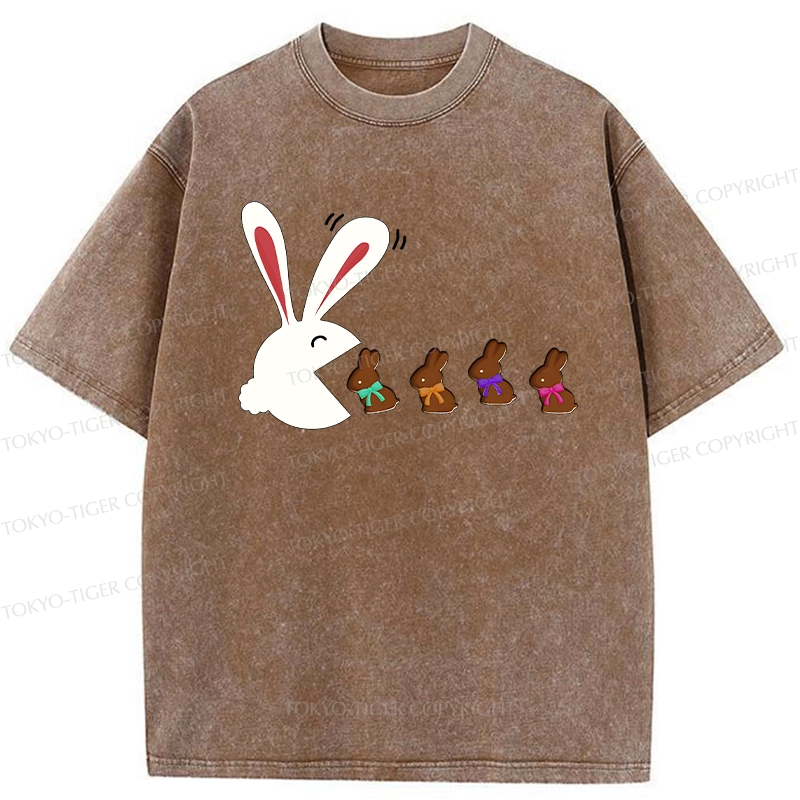 Tokyo-Tiger Funny Eating Chocolate Bunny Washed T-Shirt