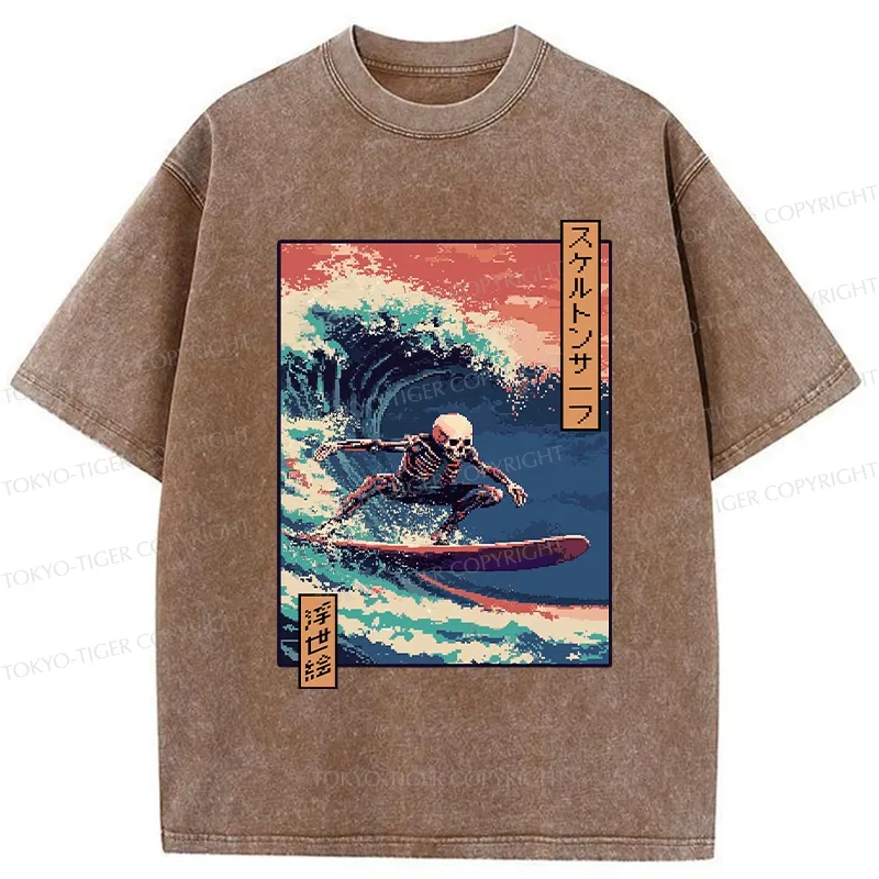 Tokyo-Tiger Skeleton Surfing Washed T-Shirt