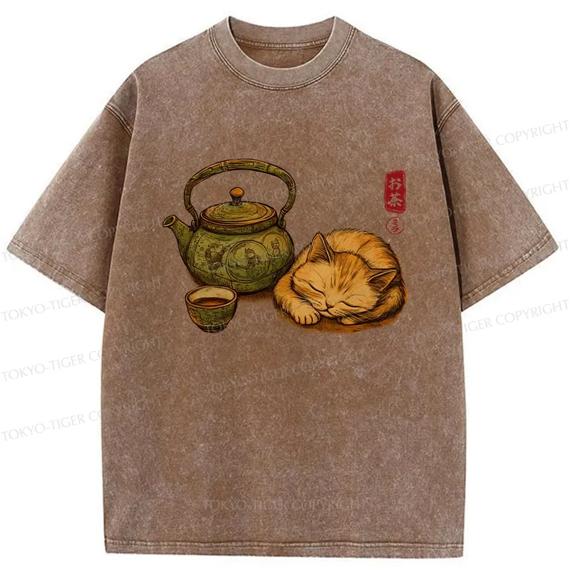 Tokyo-Tiger Tea Ceremony With Cat Washed T-Shirt