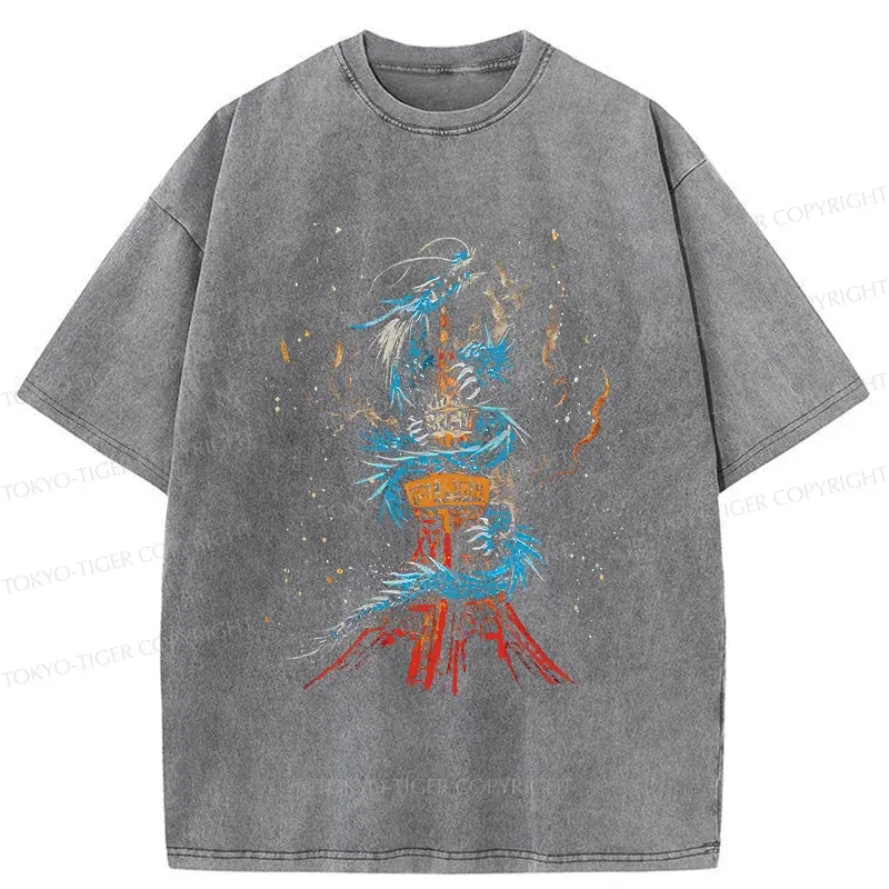 Tokyo-Tiger Dragon And Tokyo Tower Washed T-Shirt