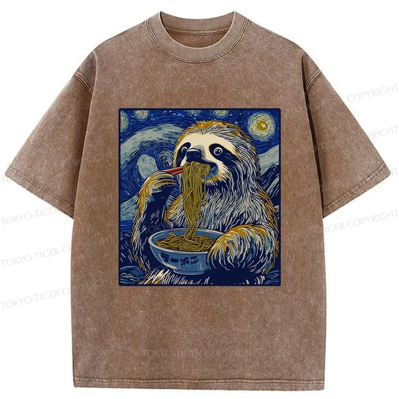 Tokyo-Tiger Ramen Lover Cute Sloth Washed T-Shirt
