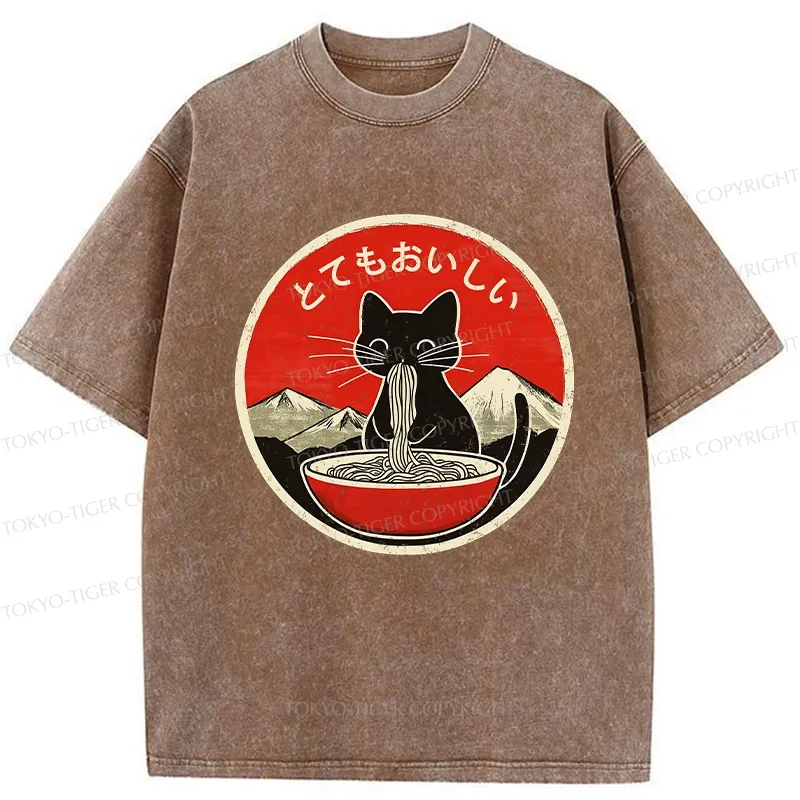 Tokyo-Tiger Cat Eating Yummy Ramen Washed T-Shirt Sale
