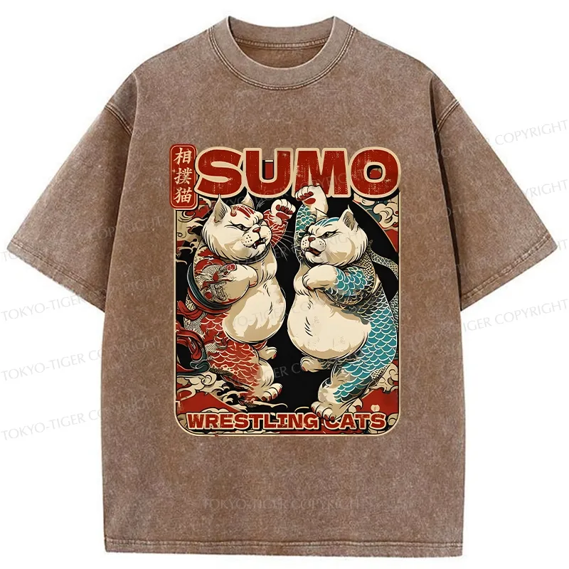 Tokyo-Tiger Wrestling Sumo Cats Washed T-Shirt