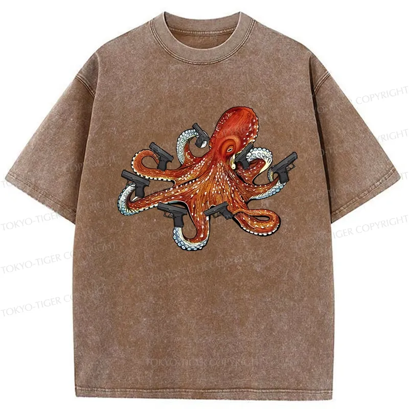 Tokyo-Tiger Funny Octopus With Guns Washed T-Shirt