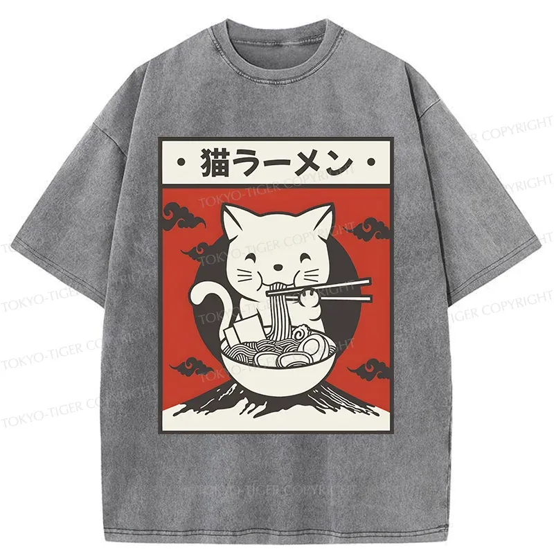 Tokyo-Tiger Retro White Cat Eating Ramen Washed T-Shirt