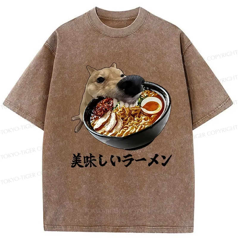 Tokyo-Tiger Funny Ramen Lover Dog Washed T-Shirt