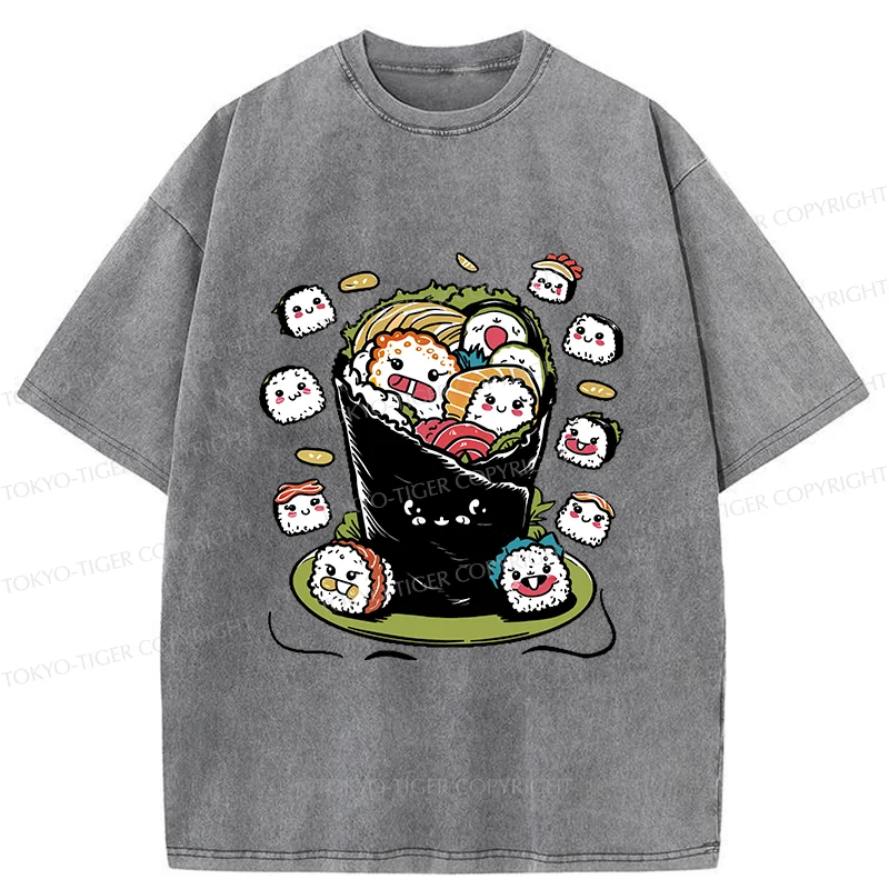 Tokyo-Tiger Sushi Burrito Funny Washed T-Shirt
