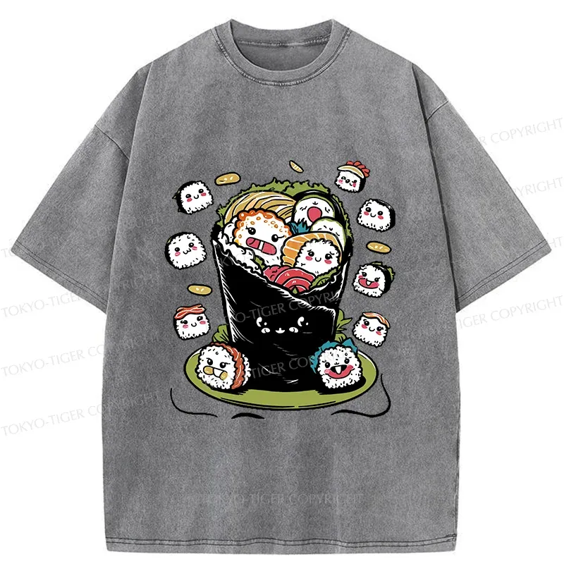 Tokyo-Tiger Sushi Burrito Funny Washed T-Shirt
