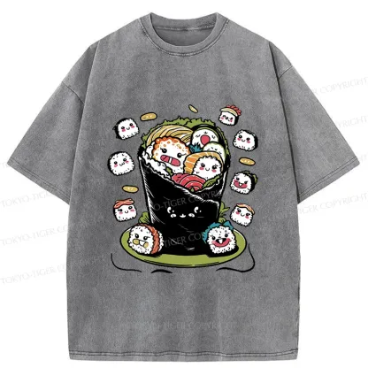 Tokyo-Tiger Sushi Burrito Funny Washed T-Shirt