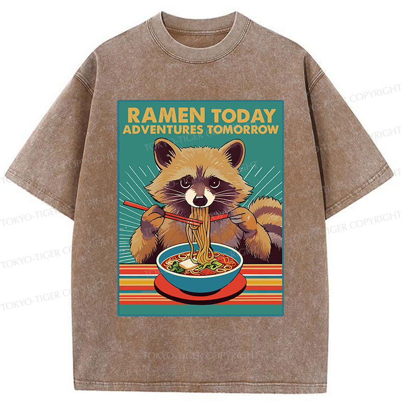 Tokyo-Tiger Raccoon Eating Ramen Washed T-Shirt