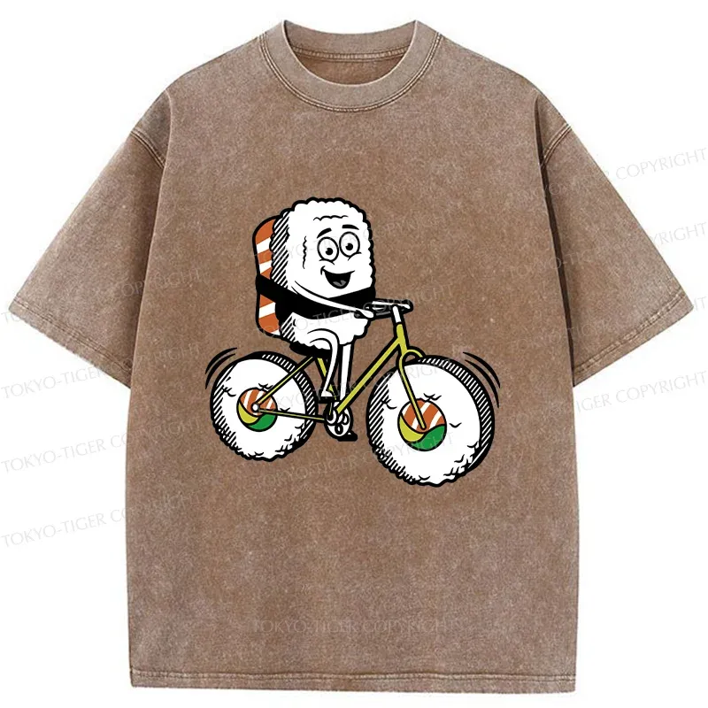 Tokyo-Tiger Cute Sushi Riding A Bicycle Washed T-Shirt