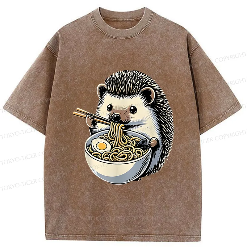 Tokyo-Tiger Hedgehog Eat Ramen Kawaii Washed T-Shirt