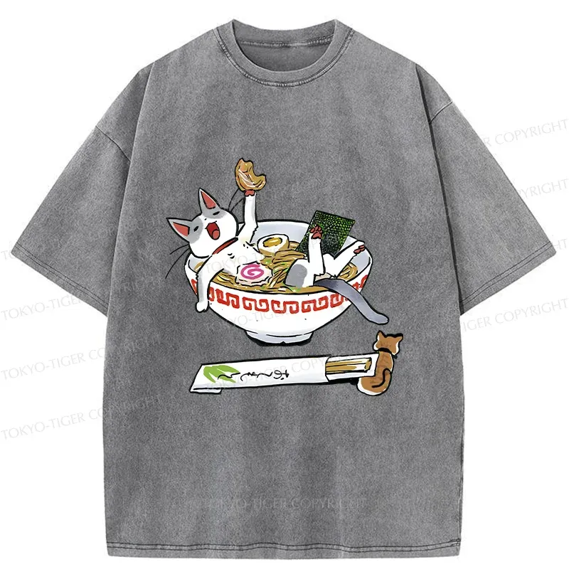 Tokyo-Tiger Cute Cat Ramen Washed T-Shirt