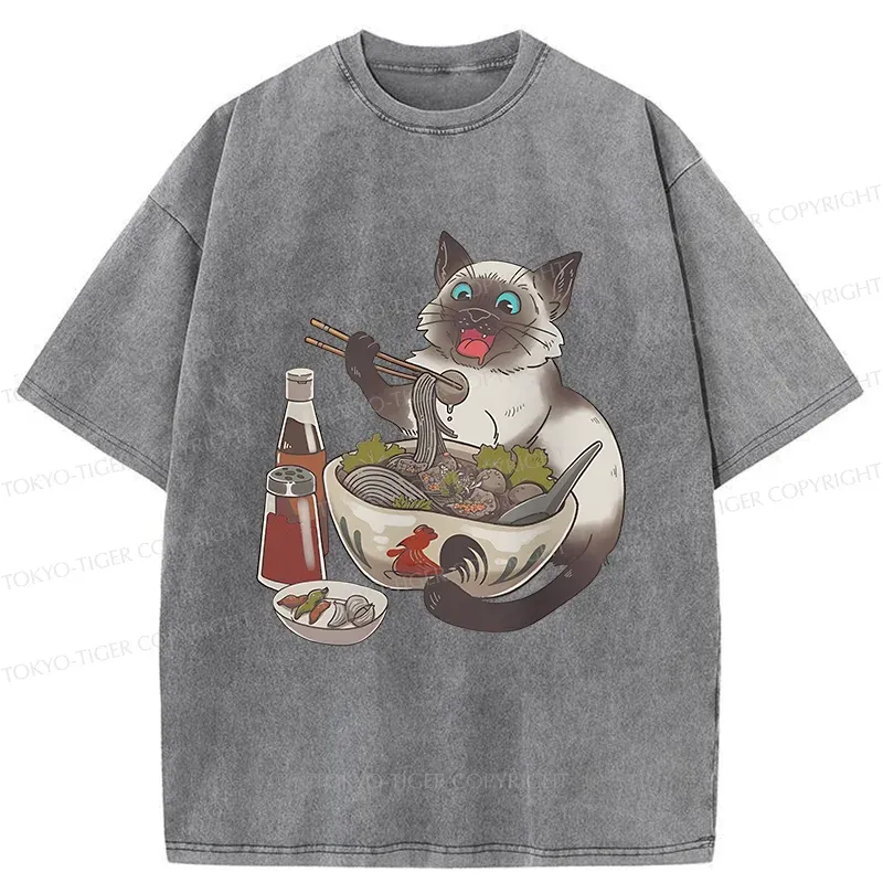 Tokyo-Tiger Siamese Cat Eating Ramen Washed T-Shirt