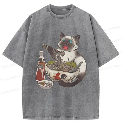 Tokyo-Tiger Siamese Cat Eating Ramen Washed T-Shirt