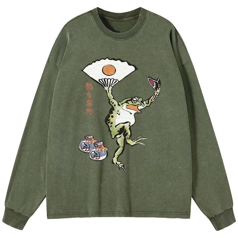 Tokyo-Tiger Dancing Frog Japanese Washed Long Sleeve T-Shirt Sale