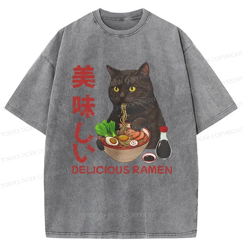 Tokyo-Tiger Black Cat Eating Delicious Ramen Washed T-Shirt