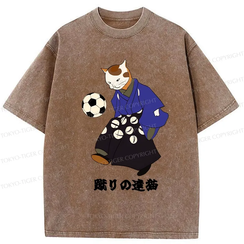 Tokyo-Tiger Cat Playing Football Washed T-Shirt