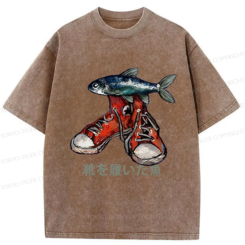 Tokyo-Tiger Fish Wearing Shoes Washed T-Shirt