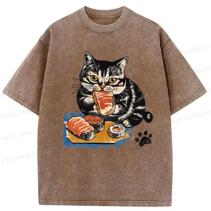 Tokyo-Tiger Sashimi Lover Cat Washed T-Shirt