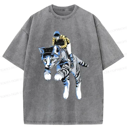Tokyo-Tiger Cat Riding Skill Washed T-Shirt