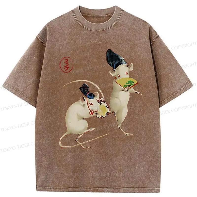Tokyo-Tiger Retro Dancing Mouse Washed T-Shirt Sale
