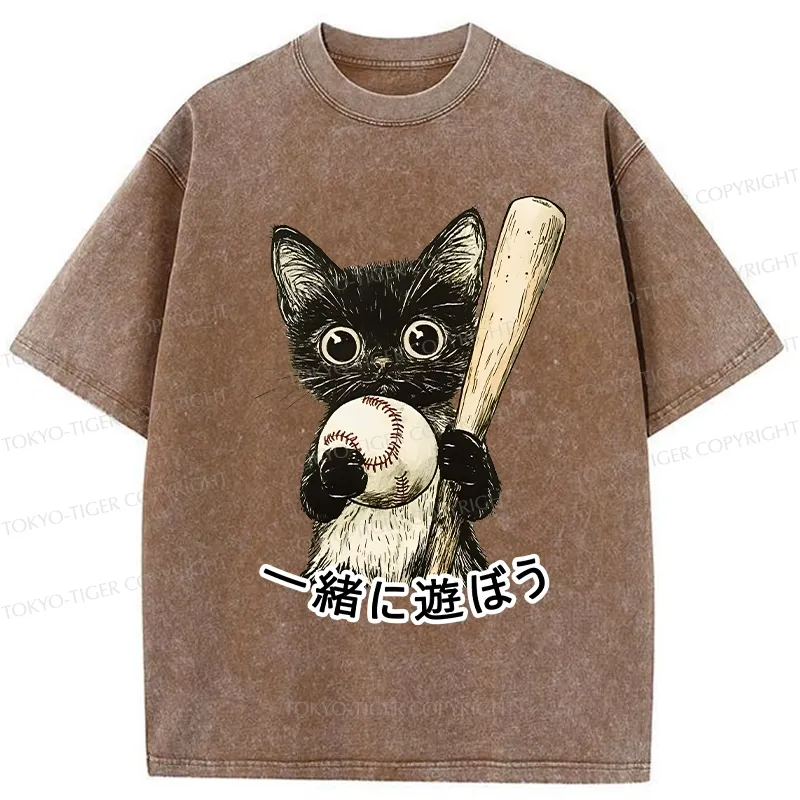Tokyo-Tiger Cute Cat Playing Baseball Washed T-Shirt