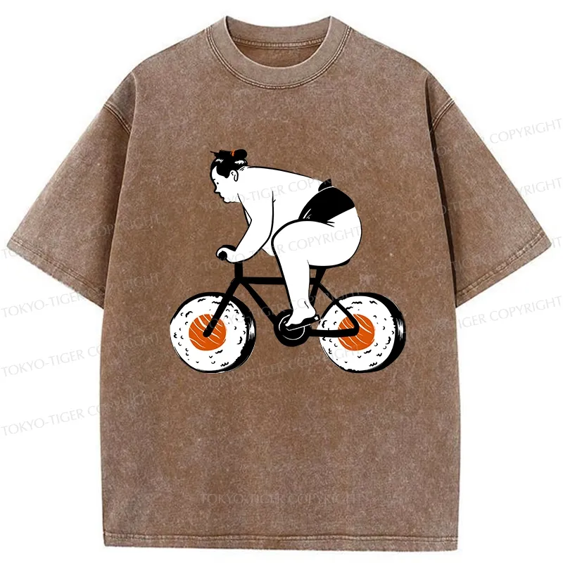 Tokyo-Tiger Sumo Riding A Sushi Bike Washed T-Shirt