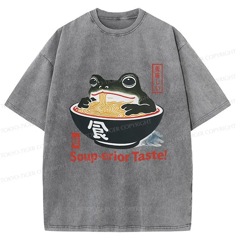 Tokyo-Tiger Retro Frog Eating Ramen Washed T-Shirt