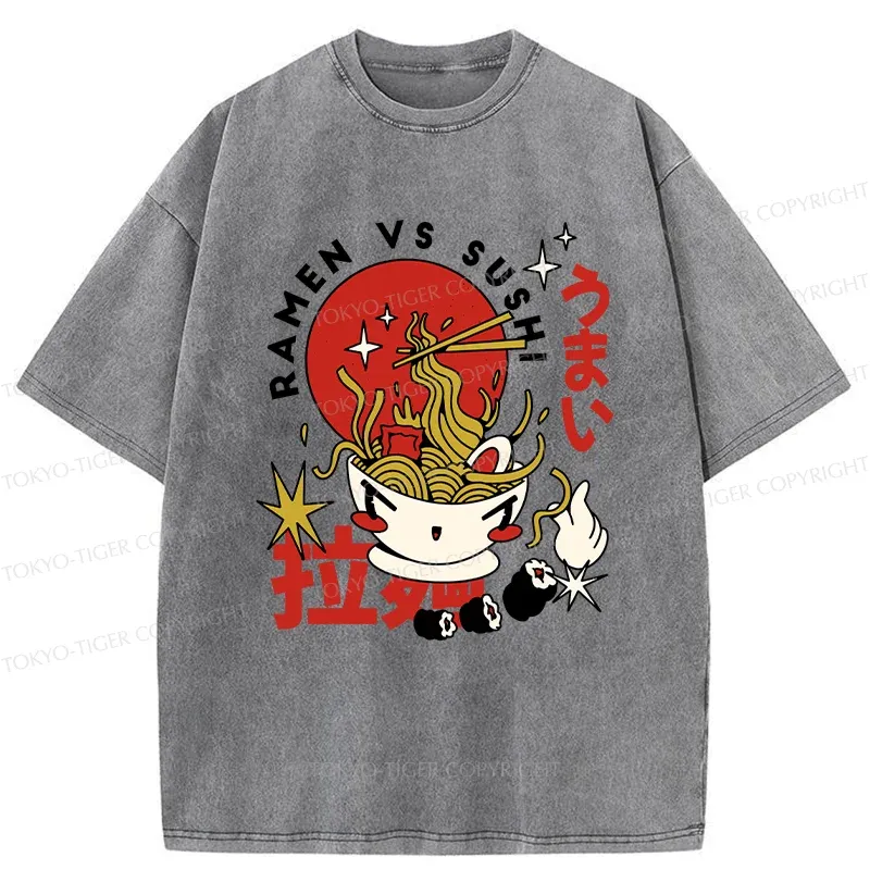 Tokyo-Tiger Retro Ramen And Sushi Washed T-Shirt