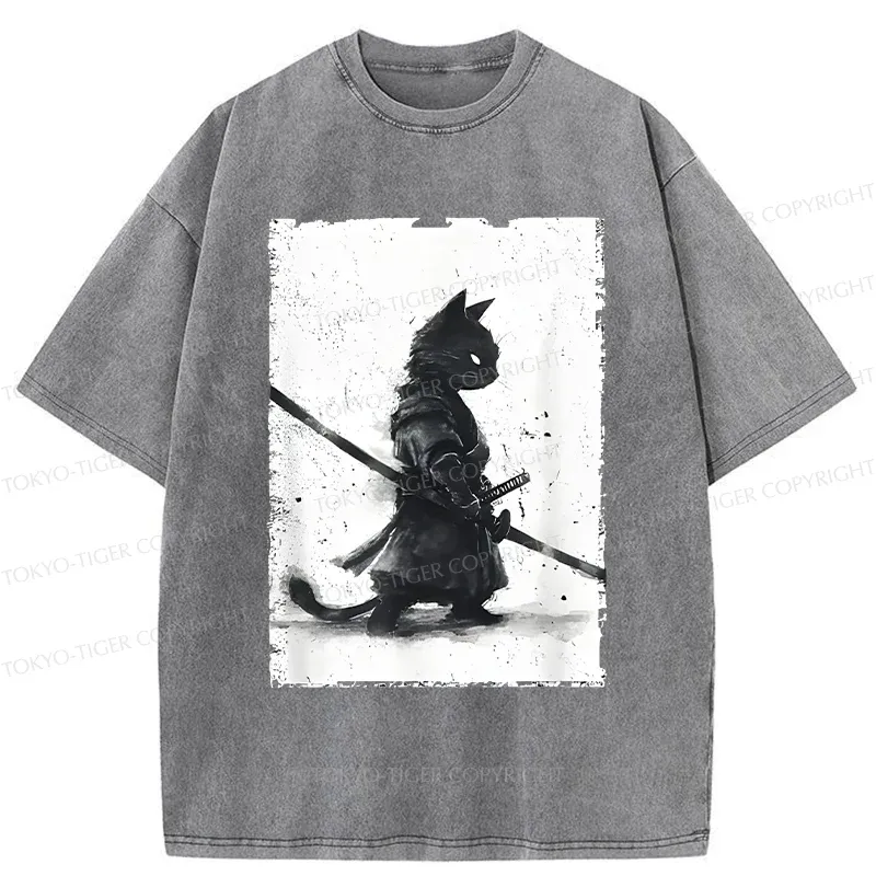 Tokyo-Tiger Retro Cat Samurai Washed T-Shirt
