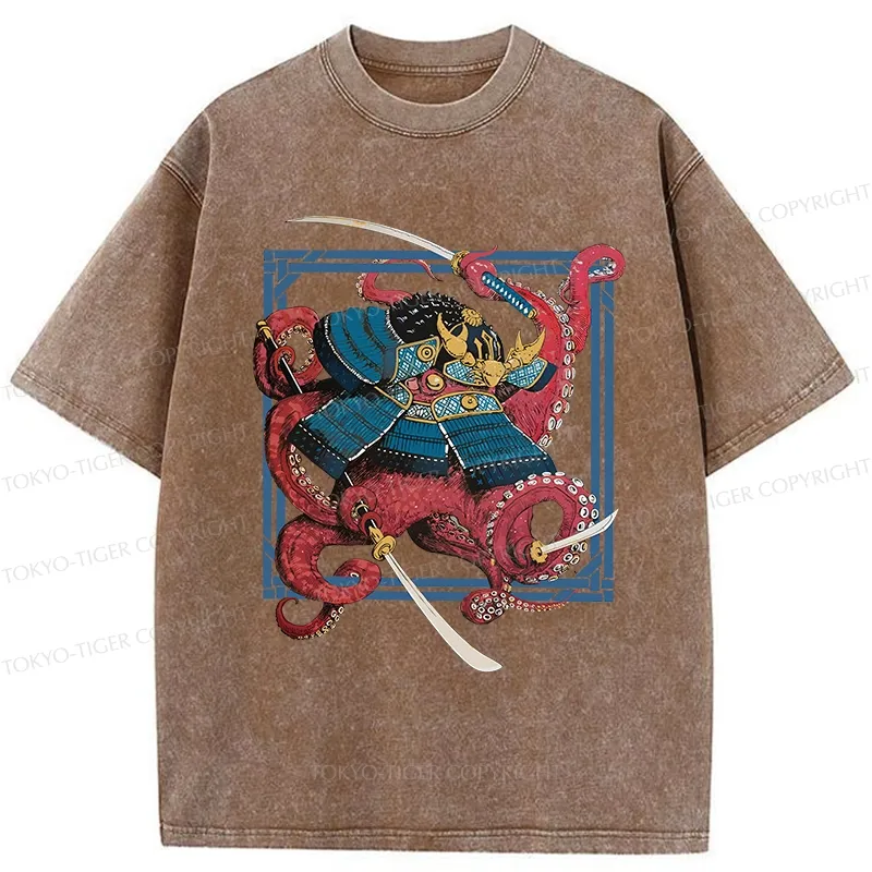 Tokyo-Tiger Samurai Octopus Swinging Sword Washed T-Shirt