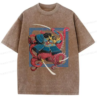 Tokyo-Tiger Samurai Octopus Swinging Sword Washed T-Shirt