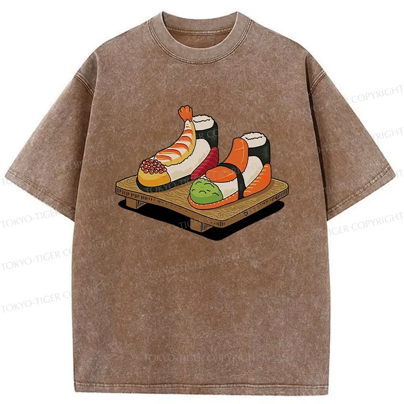Tokyo-Tiger Funny Sushi Shoes Washed T-Shirt