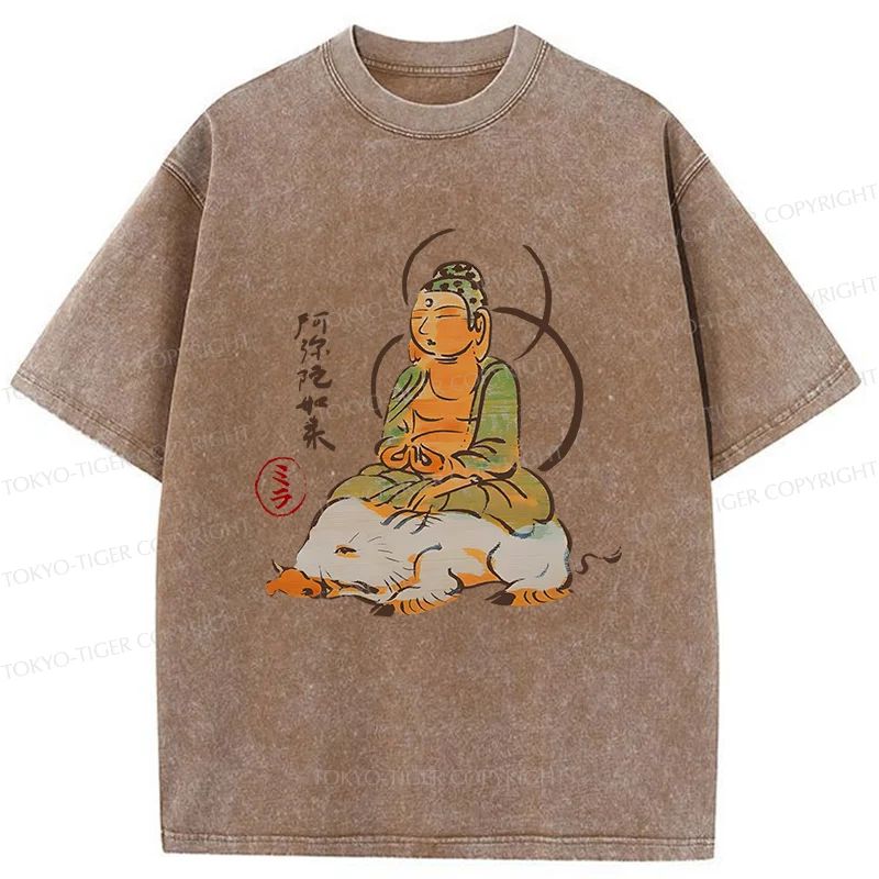 Tokyo-Tiger Buddha Riding A Pig Washed T-Shirt