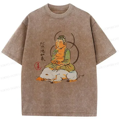 Tokyo-Tiger Buddha Riding A Pig Washed T-Shirt