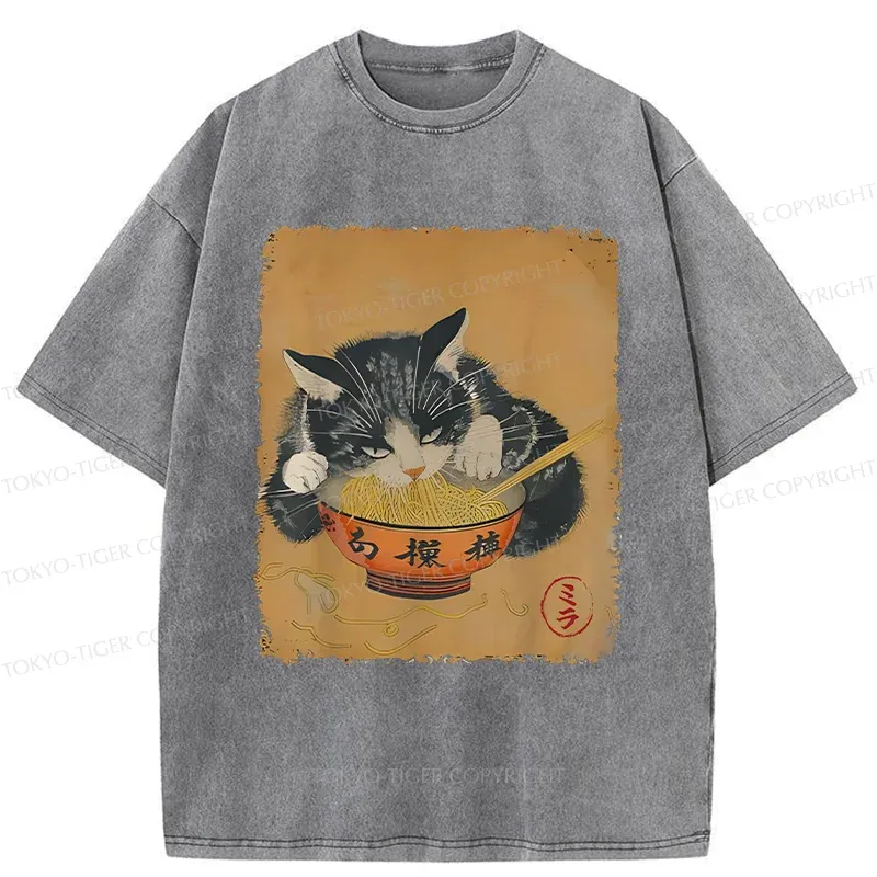Tokyo-Tiger Vintage Black Cat Eat Ramen Washed T-Shirt