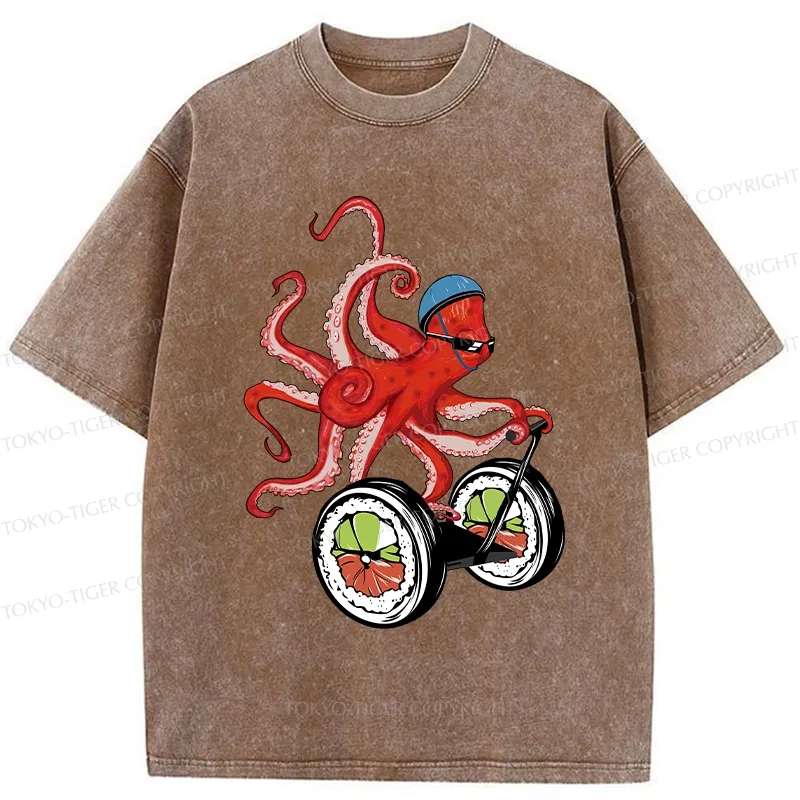 Tokyo-Tiger Octopus Riding A Sushi Cart Washed T-Shirt