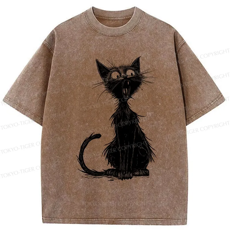Tokyo-Tiger Surprised Black Cat Washed T-Shirt