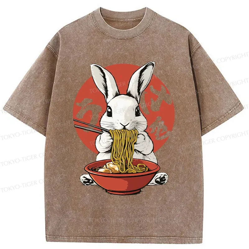 Tokyo-Tiger Rabbit Eating Ramen Washed T-Shirt