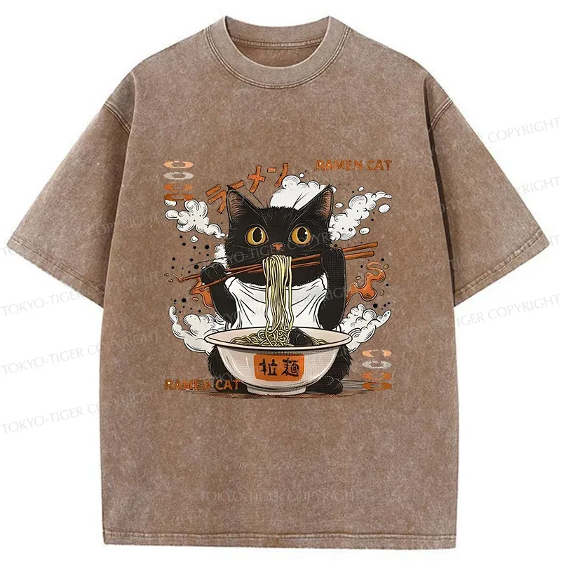 Tokyo-Tiger Cat Chef Eating Ramen Washed T-Shirt